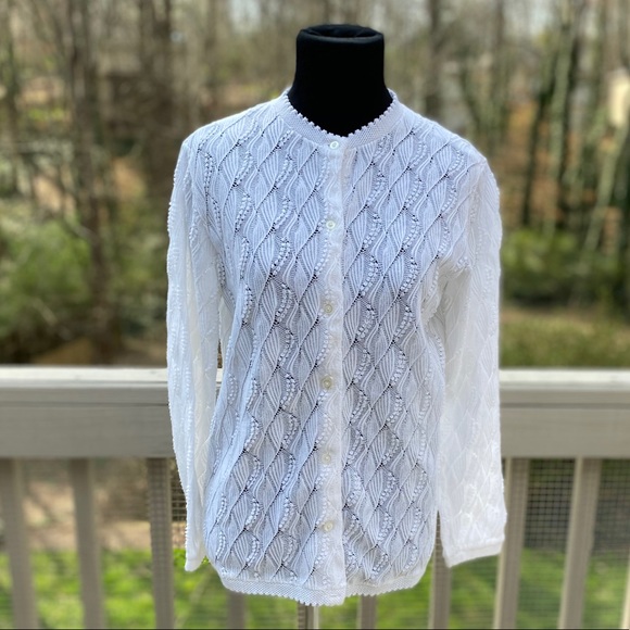 Vintage Sweaters - Vintage 60s White Cardigan Pointelle Sweater